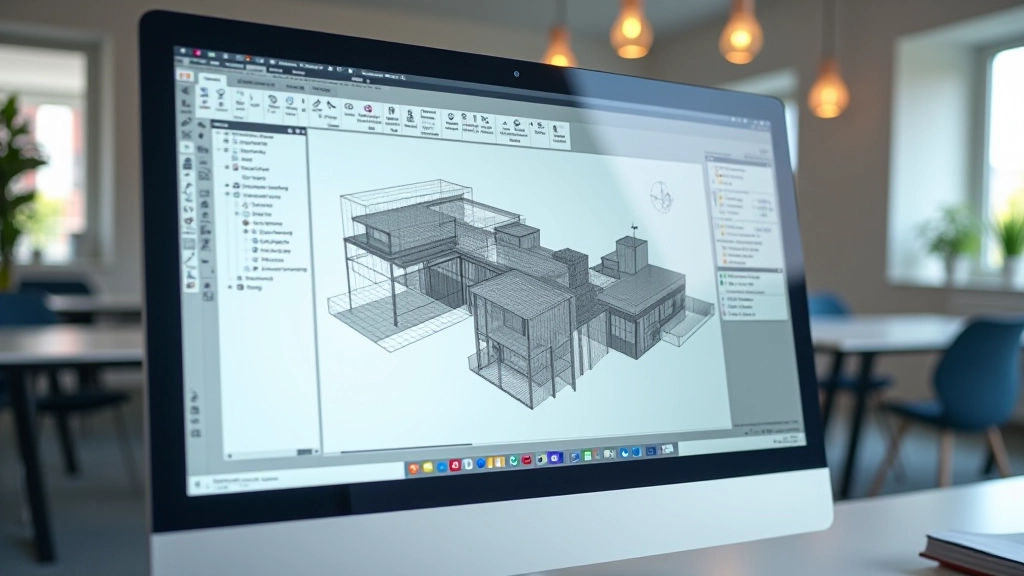 Pantalla de computadora mostrando interfaz de software de diseño paramétrico con modelo arquitectónico complejo