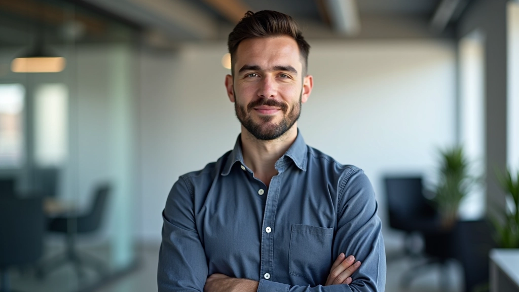 Ingeniero estructural especializado en optimización generativa, retrato profesional de pecho hacia arriba, oficina moderna, luz clara