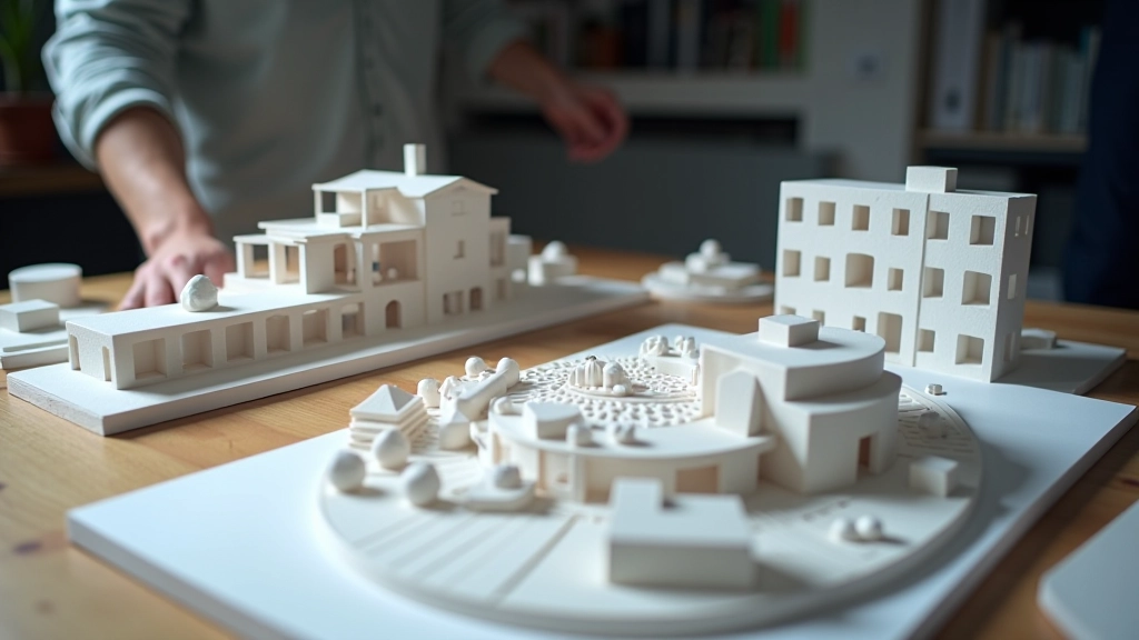 Maqueta física de modelo arquitectónico junto a su representación digital generada por algoritmo de diseño