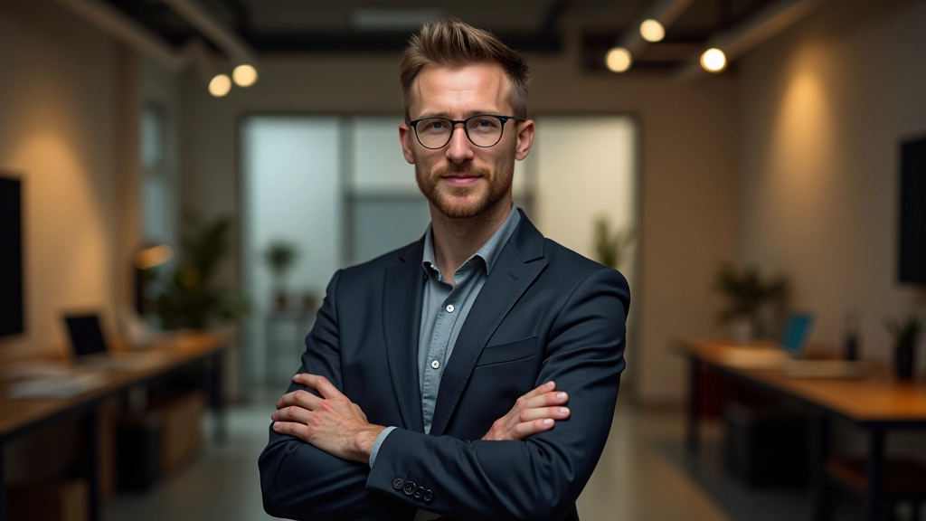 Especialista en fabricación digital y construcción, retrato profesional de pecho hacia arriba, brazos cruzados confiadamente, estudio técnico